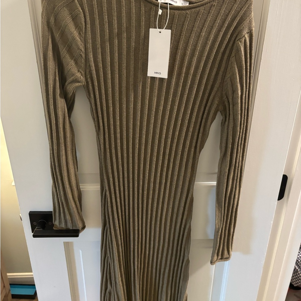 Mango Olive Long Sleeve Ribbed Dress